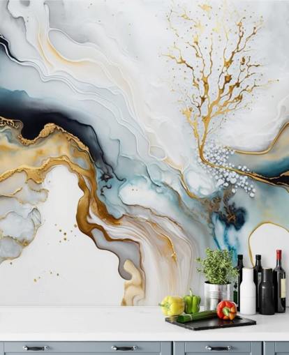 svart, hvitt og gull akvarell tapet veggmaleri kalt White and Gold Ink for bad, kjøkken og stuer