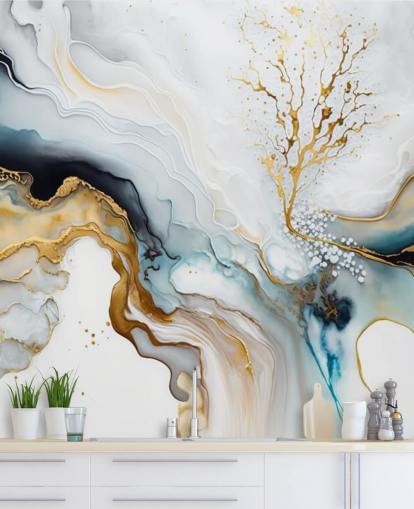 sort, hvid og guld akvarel tapet vægmaleri kaldet White and Gold Ink til badeværelser, køkkener og stuer