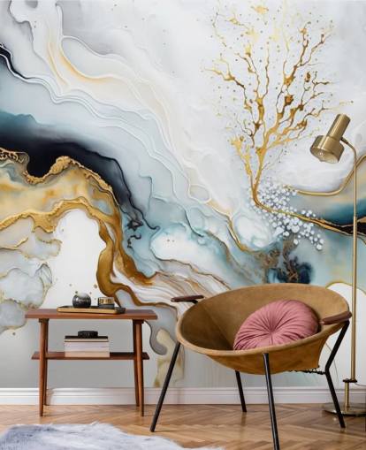 schwarze, weiße und goldene Aquarelltapete namens White and Gold Ink für Badezimmer, Küchen und Wohnzimmer