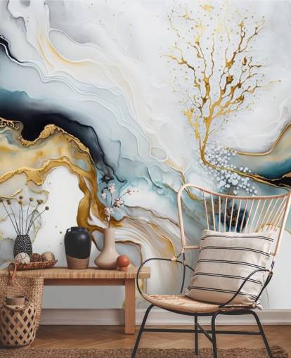 black, white and gold watercolour wallpaper mural called White and Gold Ink for bathrooms, kitchens and living rooms