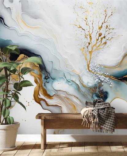 zwart-witte en gouden aquarelbehangmuurschildering genaamd White and Gold Ink voor badkamers, keukens en woonkamers zwart-witte en gouden aquarelbehangmuurschildering genaamd White and Gold Ink voor badkamers, keukens en woonkamers