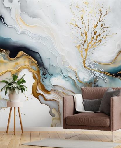 carta da parati murale ad acquerello nero, bianco e oro chiamata White and Gold Ink per bagni, cucine e salotti