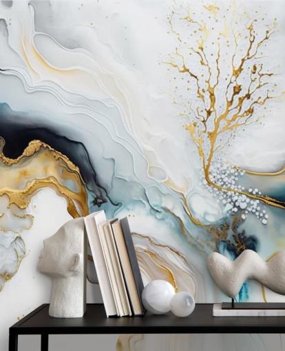 mural de papel pintado en acuarela negro, blanco y dorado llamado White and Gold Ink para baños, cocinas y salas de estar