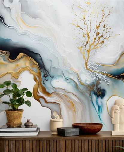 sort, hvid og guld akvarel tapet vægmaleri kaldet White and Gold Ink til badeværelser, køkkener og stuer