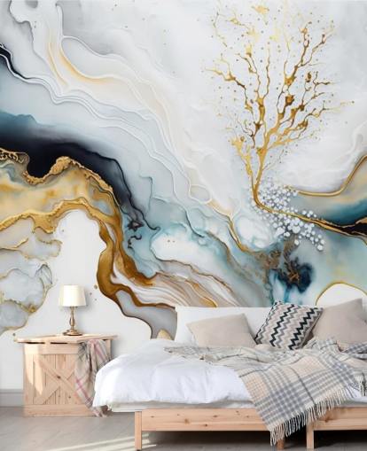 musta, valkoinen ja kultainen akvarelli taustakuvamaalaus nimeltään White and Gold Ink kylpyhuoneisiin, keittiöihin ja olohuoneisiin