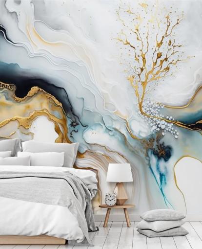 black, white and gold watercolor wallpaper mural called White and Gold Ink for bathrooms, kitchens and living rooms