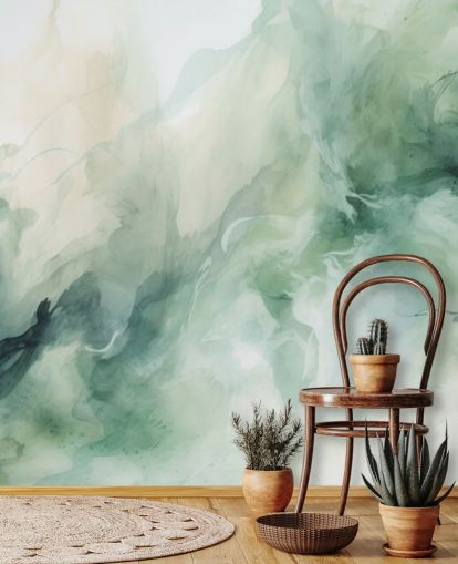 Liquid sage smoke watercolour wallpaper mural
