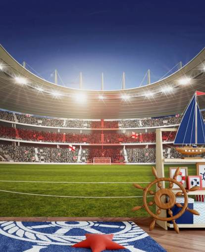 Estadio de fútbol con mural de la bandera de Inglaterra