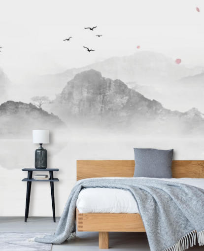 schwarz-weißes orientalisches Tapeten-Wandbild namens Chinese Ink Landscape für Häuser, Büros und Unternehmen
