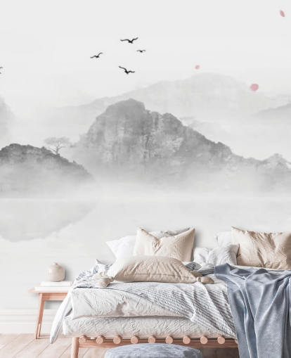 schwarz-weißes orientalisches Tapeten-Wandbild namens Chinese Ink Landscape für Häuser, Büros und Unternehmen