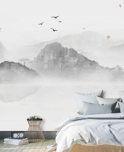 zwart-wit oosterse behangmuurschildering genaamd Chinese Ink Landscape voor woningen, kantoren en bedrijven