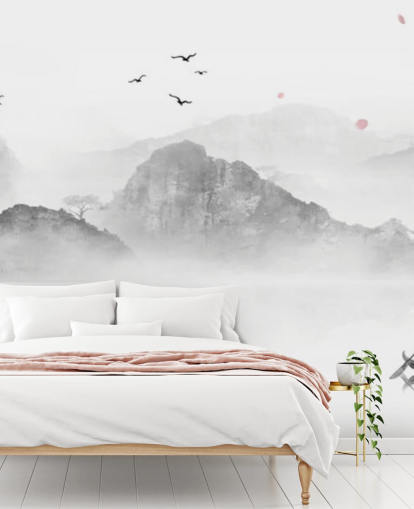 mural de papel de parede oriental em preto e branco chamado Chinese Ink Landscape para residências, escritórios e empresas