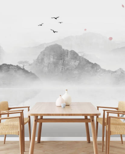 black and white oriental wallpaper mural called Chinese Ink Landscape for homes, offices and businesses