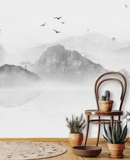 schwarz-weißes orientalisches Tapeten-Wandbild namens Chinese Ink Landscape für Häuser, Büros und Unternehmen