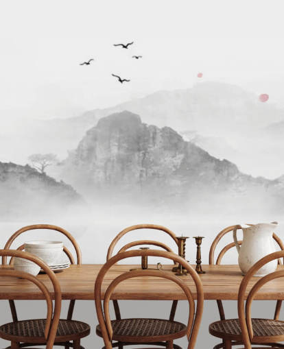 mural de papel de parede oriental em preto e branco chamado Chinese Ink Landscape para residências, escritórios e empresas
