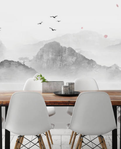 svart og hvitt orientalsk tapetmaleri kalt Chinese Ink Landscape for hjem, kontorer og bedrifter