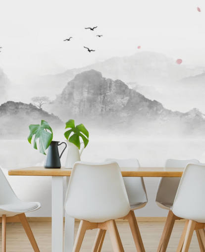 mural de papel pintado oriental en blanco y negro llamado Chinese Ink Landscape para hogares, oficinas y negocios