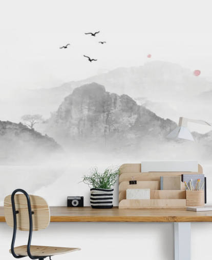 schwarz-weißes orientalisches Tapeten-Wandbild namens Chinese Ink Landscape für Häuser, Büros und Unternehmen schwarz-weißes orientalisches Tapeten-Wandbild namens Chinese Ink Landscape für Häuser, Büros und Unternehmen