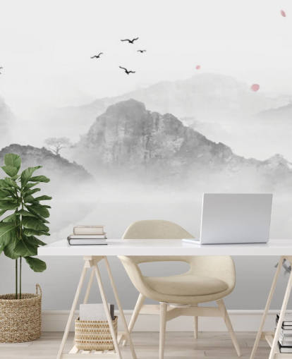 black and white oriental wallpaper mural called Chinese Ink Landscape for homes, offices and businesses
