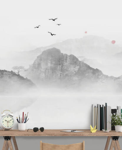 mural de papel pintado oriental en blanco y negro llamado Chinese Ink Landscape para hogares, oficinas y negocios