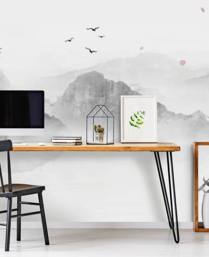 black and white oriental wallpaper mural called Chinese Ink Landscape for homes, offices and businesses