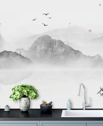 svartvit orientalisk tapetväggmålning kallad Chinese Ink Landscape för hem, kontor och företag