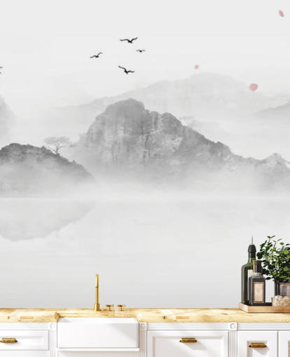 mural de papel pintado oriental en blanco y negro llamado Chinese Ink Landscape para hogares, oficinas y negocios