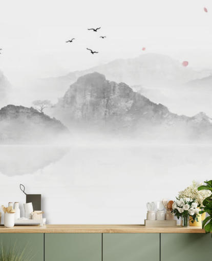 mural de papel pintado oriental en blanco y negro llamado Chinese Ink Landscape para hogares, oficinas y negocios