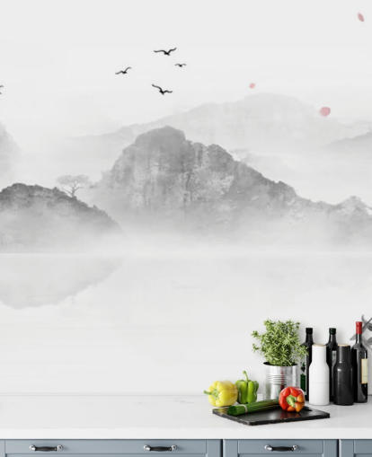 black and white oriental wallpaper mural called Chinese Ink Landscape for homes, offices and businesses