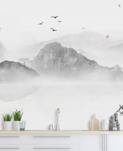 sort/hvidt orientalsk tapetmaleri kaldet Chinese Ink Landscape til hjem, kontorer og virksomheder sort/hvidt orientalsk tapetmaleri kaldet Chinese Ink Landscape til hjem, kontorer og virksomheder