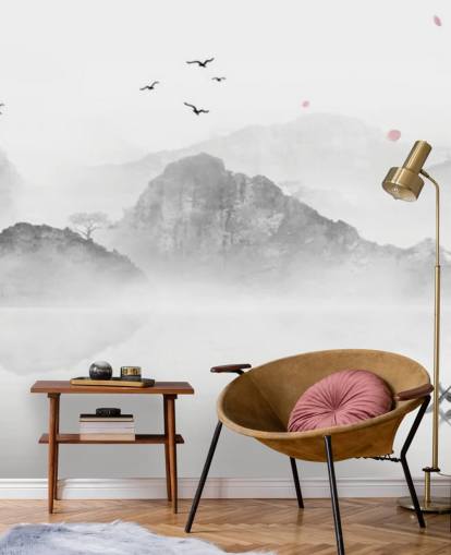 black and white oriental wallpaper mural called Chinese Ink Landscape for homes, offices and businesses
