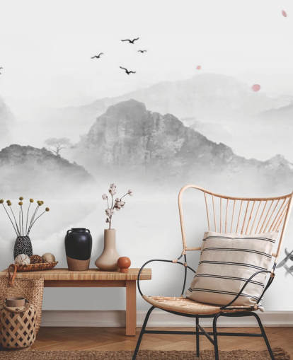 carta da parati orientale in bianco e nero chiamata Chinese Ink Landscape per case, uffici e aziende