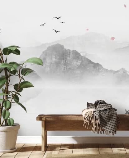 black and white oriental wallpaper mural called Chinese Ink Landscape for homes, offices and businesses
