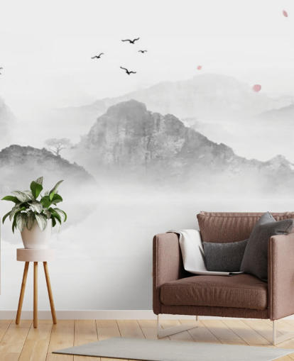 schwarz-weißes orientalisches Tapeten-Wandbild namens Chinese Ink Landscape für Häuser, Büros und Unternehmen schwarz-weißes orientalisches Tapeten-Wandbild namens Chinese Ink Landscape für Häuser, Büros und Unternehmen