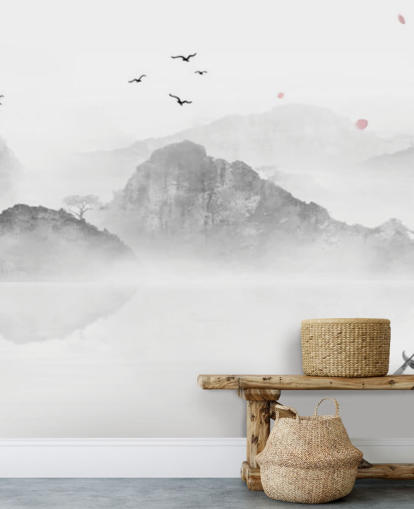 mural de papel pintado oriental en blanco y negro llamado Chinese Ink Landscape para hogares, oficinas y negocios