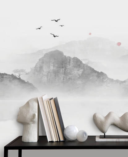 svart og hvitt orientalsk tapetmaleri kalt Chinese Ink Landscape for hjem, kontorer og bedrifter svart og hvitt orientalsk tapetmaleri kalt Chinese Ink Landscape for hjem, kontorer og bedrifter