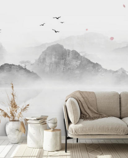 mural de papel pintado oriental en blanco y negro llamado Chinese Ink Landscape para hogares, oficinas y negocios
