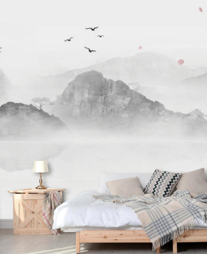 mural de papel pintado oriental en blanco y negro llamado Chinese Ink Landscape para hogares, oficinas y negocios