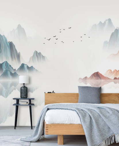 blauw-witte oosterse muurschildering genaamd Blue Chinese Landscape voor slaapkamers, woonkamers en eetkamers blauw-witte oosterse muurschildering genaamd Blue Chinese Landscape voor slaapkamers, woonkamers en eetkamers