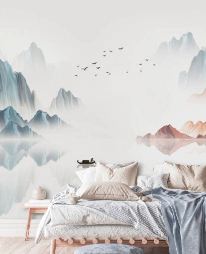 mural oriental azul y blanco llamado Blue Chinese Landscape para dormitorios, salas de estar y comedores