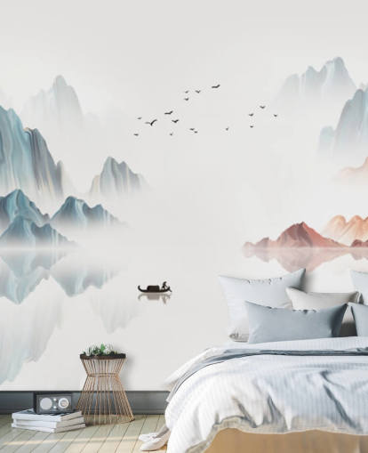 blue and white oriental mural called Blue Chinese Landscape for bedrooms, living rooms and dining rooms