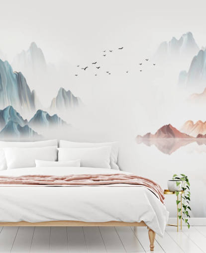 peinture murale orientale bleue et blanche appelée Blue Chinese Landscape pour les chambres, les salons et les salles à manger