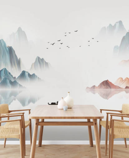 blue and white oriental mural called Blue Chinese Landscape for bedrooms, living rooms and dining rooms