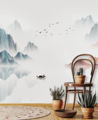 blue and white oriental mural called Blue Chinese Landscape for bedrooms, living rooms and dining rooms