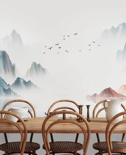 blue and white oriental mural called Blue Chinese Landscape for bedrooms, living rooms and dining rooms