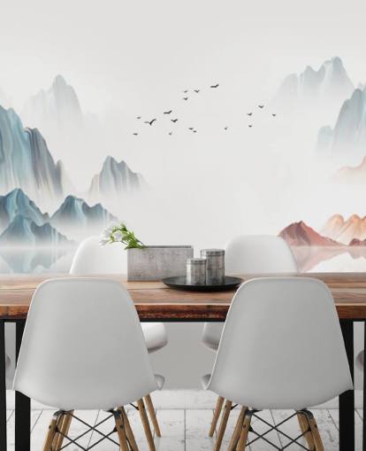 mural oriental azul e branco chamado Blue Chinese Landscape para quartos, salas de estar e salas de jantar