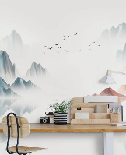 mural oriental azul y blanco llamado Blue Chinese Landscape para dormitorios, salas de estar y comedores