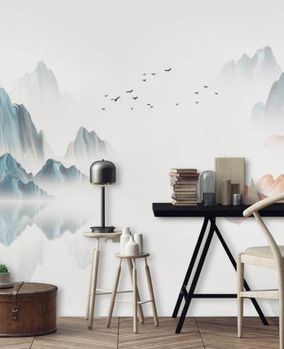 mural oriental azul y blanco llamado Blue Chinese Landscape para dormitorios, salas de estar y comedores