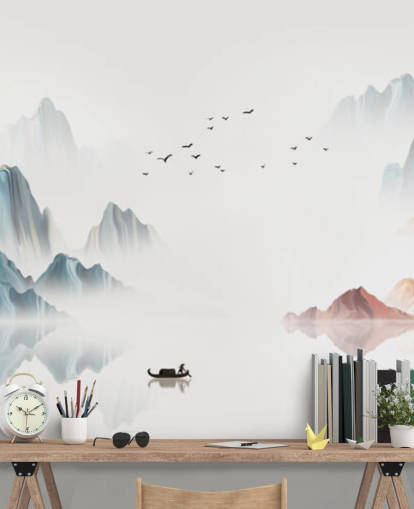 blue and white oriental mural called Blue Chinese Landscape for bedrooms, living rooms and dining rooms