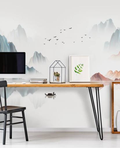 murale orientale blu e bianco chiamato Blue Chinese Landscape per camere da letto, salotti e sale da pranzo